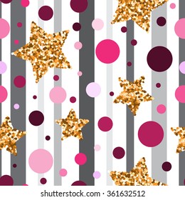 Seamless pattern with gold glitter textured stars and  pink  circles  on gray background .