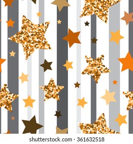 Seamless pattern with gold glitter textured and yellow stars on gray background .