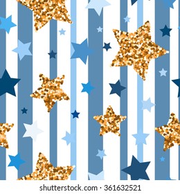 Seamless pattern with gold glitter textured and blue stars on blue background .