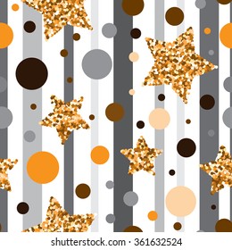 Seamless pattern with gold glitter textured stars and yellow circles  on gray  background .