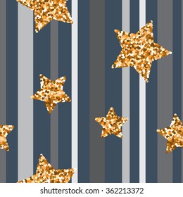 Seamless pattern with gold glitter textured stars on grey background .