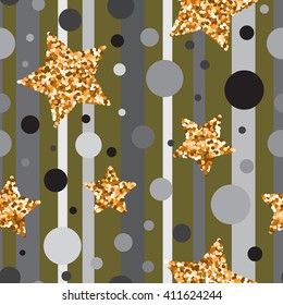 Seamless pattern with gold glitter textured stars.