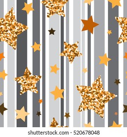 Seamless pattern with gold glitter textured and yellow stars on gray background .