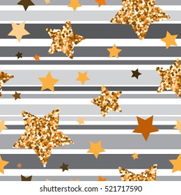 Seamless pattern with gold glitter textured and yellow stars on gray background .