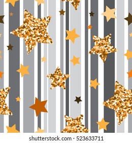 Seamless pattern with gold glitter textured and yellow stars on gray background .