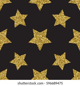 Seamless pattern with gold glitter textured stars on the dark background.