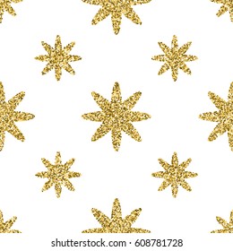 Seamless pattern with gold glitter textured stars on the white background.