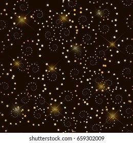 Seamless pattern with gold glitter textured stars. Vector background