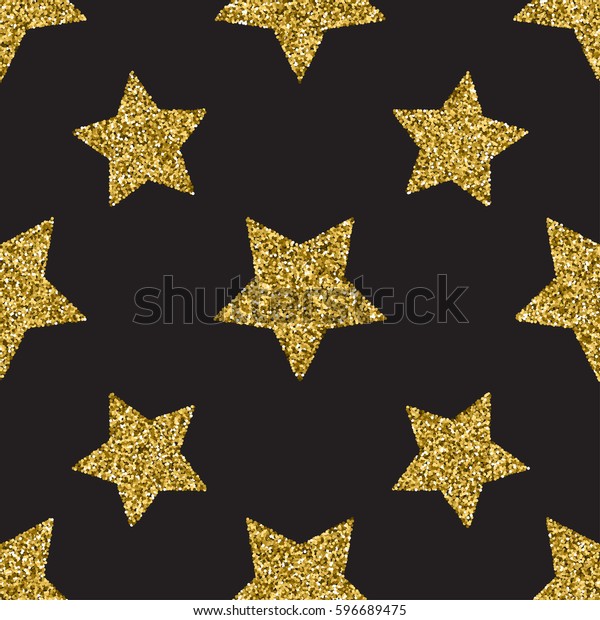 Seamless pattern with gold glitter textured\
stars on the dark\
background.
