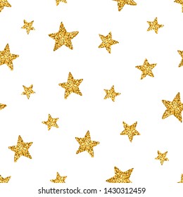 Seamless pattern with gold glittering stars, confetti background. Vector illustration for print, scrapbook or wrapping paper