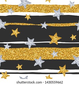Seamless pattern with gold glittering stars on stripe background. Vector illustration for print, scrapbook or wrapping paper