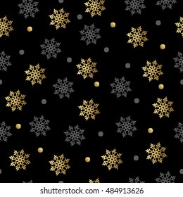 Seamless pattern with gold and gray snowflakes. Vector illustration.