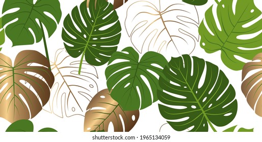 Seamless pattern of gold and green Monstera leaves on white background. Luxury floral modern composition for organic design, cover, packaging, fabric, postcard, wallpaper. Stock vector illustration.