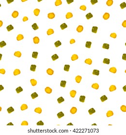 Seamless pattern with gold and green painted dots