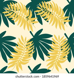 Seamless pattern of gold and green palm leaves on a white background .Cute vector background with tropical palm leaves. Vector illustration in flat style