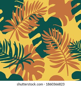 Seamless pattern of gold and green palm, banana, and monstera leaves on an orange background .Cute vector background with tropical leaves. Vector illustration in flat style