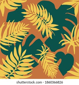 Nahtlose Muster aus Gold und grüner Palme, Bananen und Monstera Blättern auf orangefarbenem Hintergrund. Cute Vektorhintergrund mit tropischen Blättern. Vektorgrafik in Flachstil