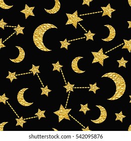 Seamless pattern with gold gritter stars and crescent on black background. Art vector illustration.