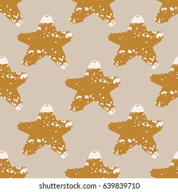 Seamless pattern with gold grunge hand drawn stars on beige background. Sky background. Vector illustration.