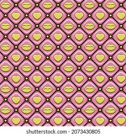 Seamless pattern with gold hearts and lips. Vector background.