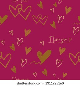 Seamless pattern with gold hearts on pink background. Hand drawn golden line art. Doodle brush, pen, marker illustration. Scribble ornament backdrop.