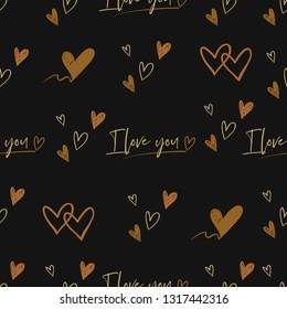 Seamless pattern with gold hearts on black background. I love you text. Hand drawn golden line art. Doodle brush, pen, marker illustration. Scribble ornament backdrop.