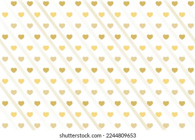 Seamless pattern of gold hearts on golden lines striped background. Pattern for Valentine's day or wedding background, festive banner, invitation, postcard, save the date card. Vector illustration.