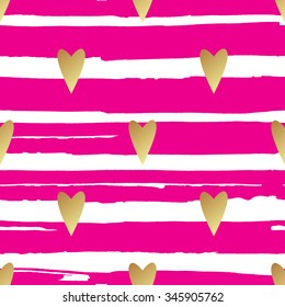Seamless  pattern with gold hearts on a strip background. Contemporary style perfect for wedding, valentines day, save the date, birthday invitation. Vector illustration