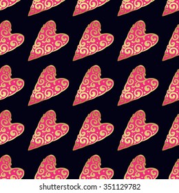 Seamless  pattern with gold hearts on a black background. Contemporary style perfect for wedding, valentines day, save the date, birthday invitation. Vector illustration