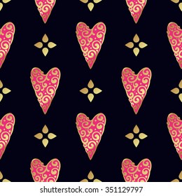Seamless  pattern with gold hearts on a black background. Contemporary style perfect for wedding, valentines day, save the date, birthday invitation. Vector illustration