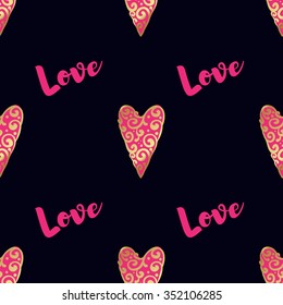 Seamless  pattern with gold hearts on a black background. Contemporary style perfect for wedding, valentines day, save the date, birthday invitation. Vector illustration