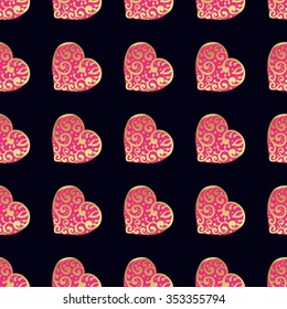 Seamless  pattern with gold hearts on a black background. Contemporary style perfect for wedding, valentines day, save the date, birthday invitation. Vector illustration