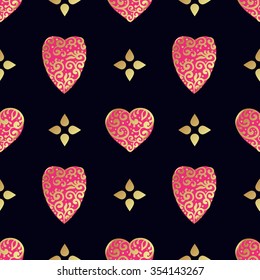 Seamless  pattern with gold hearts on a black background. Contemporary style perfect for wedding, valentines day, save the date, birthday invitation. Vector illustration