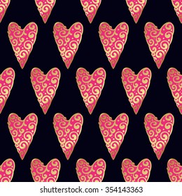 Seamless  pattern with gold hearts on a black background. Contemporary style perfect for wedding, valentines day, save the date, birthday invitation. Vector illustration