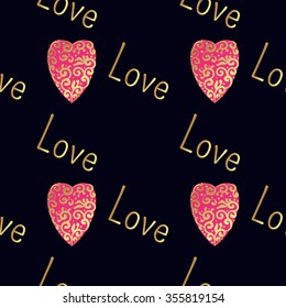 Seamless  pattern with gold hearts on a black background. Contemporary style perfect for wedding, valentines day, save the date, birthday invitation. Vector illustration