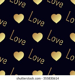 Seamless  pattern with gold hearts on a black background. Contemporary style perfect for wedding, valentines day, save the date, birthday invitation. Vector illustration