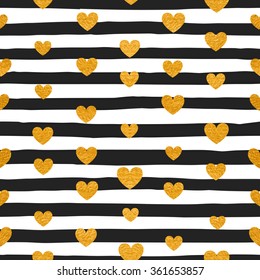Seamless pattern of gold hearts on black and white striped background. Pattern for Valentine's day or wedding background, festive banner, invitation, postcard, save the date card. Vector illustration.
