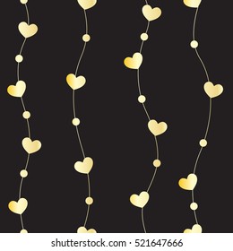 Seamless pattern of gold hearts on a black background. Vector illustration.