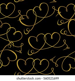 Seamless pattern of gold hearts on black background. Pattern for Valentine's day or wedding background, festive banner, invitation, postcard, save the date card. Vector illustration.