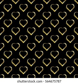Seamless pattern of gold hearts on black background. Pattern for Valentine's day or wedding background, festive banner, invitation, postcard, save the date card. Vector illustration.