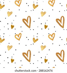 Seamless pattern in the gold hearts.Drawing freehand brush style. Vector metallic illustration.