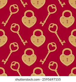 Seamless pattern with gold heart-shaped keys and locks on a red background. Valentine's day vector pattern.