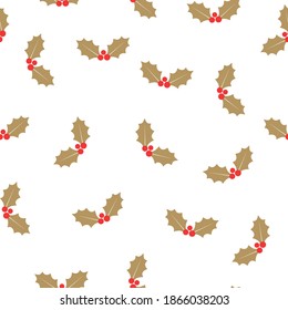 Seamless pattern with gold holly leaves and berries, winter decor. Vector Illustration.