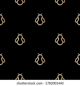 Seamless pattern of gold honeybees. Vector illustration isolated on black background.