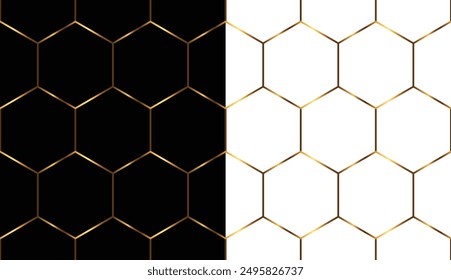 Seamless pattern, Gold honeycomb mesh on a white and black background. Vector illustration.