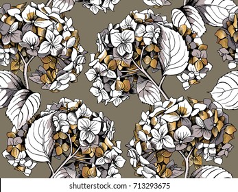 Seamless pattern with a gold Hydrangea flowers and leaves. Vector illustration.
