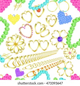 seamless pattern of gold jewelry rings, necklaces, catkins, amulets, pendants vector illustration