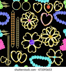 seamless pattern of gold jewelry rings, chains, catkins, necklaces, pendants vector illustration