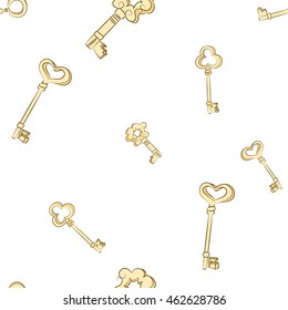 Seamless  pattern. Gold keys on white background