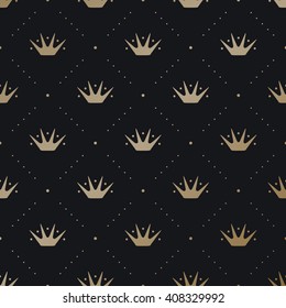 Seamless pattern with gold king crown on a dark black background. Vector Illustration